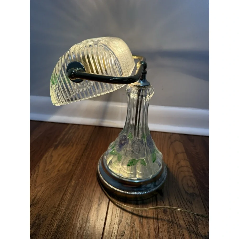 Vintage Anna Hutte Bleikristall Floral Glass Banker's Style Desk‎ Lamp RARE  12